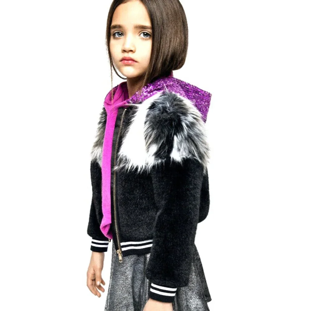 NEW Mia NY Girls Faux Fur Bomber Jacket Stylish White Black‎ NEW sz 7